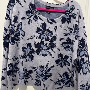 Cynthia Rowley Blue and Gray Crew Neck Sweater with Floral Pattern